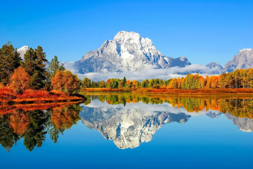 Oxbow Bend in Grand Teton National Park with a reflection in the Snake River