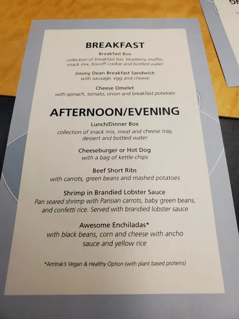 Amtrak Acela First Class Food Menu