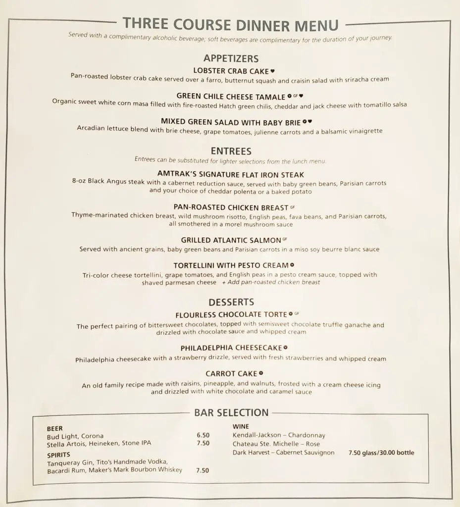 Amtrak Menu